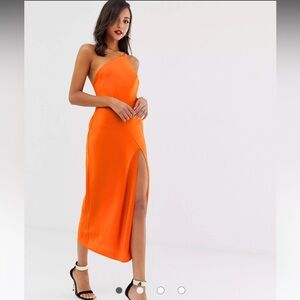 ASOS orange one shoulder midi dress with slit